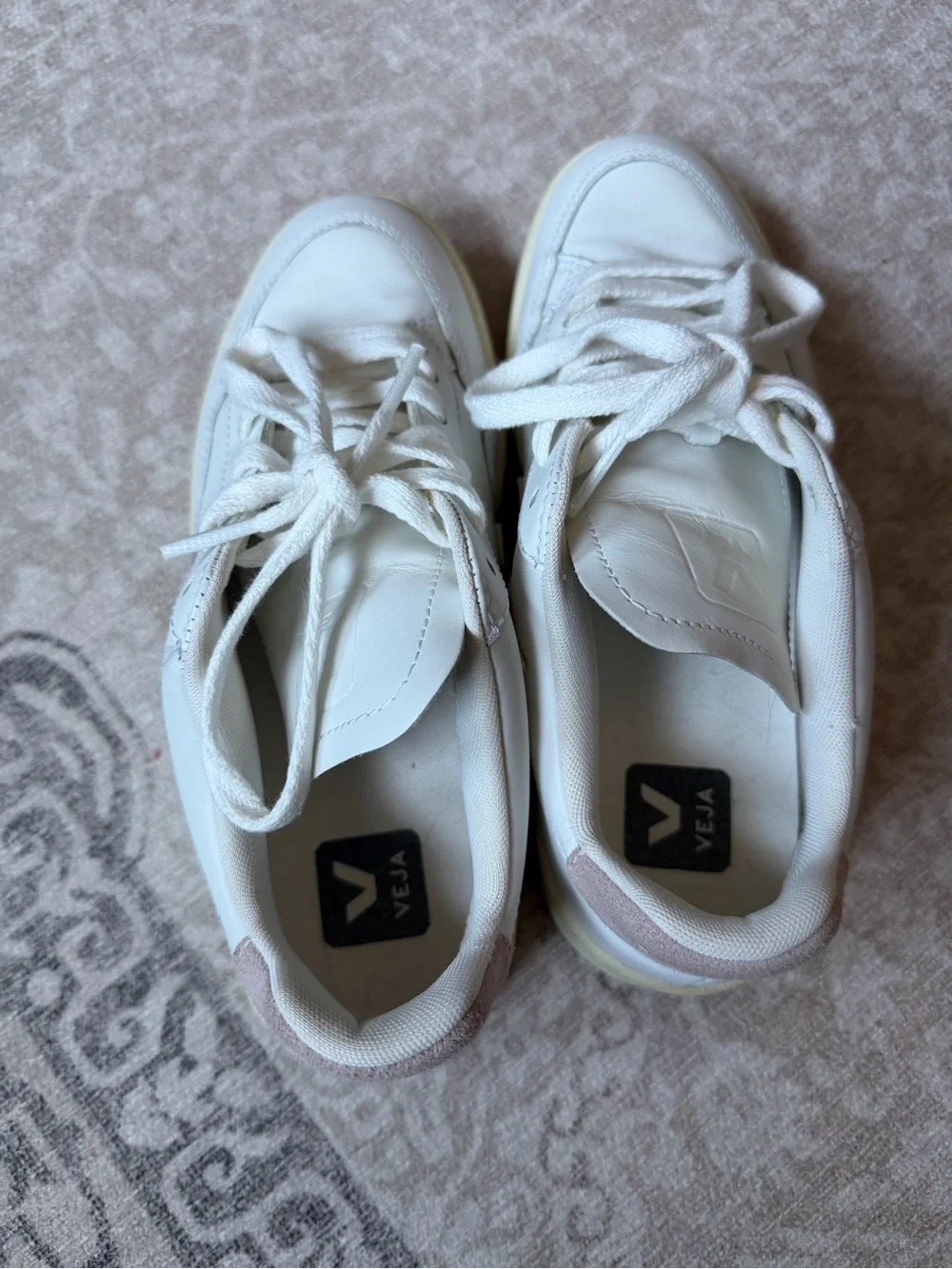 Veja V-12 White Leather Sneakers with Blush Suede Accents